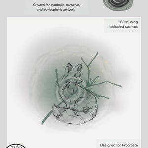 Pode incluir: Pacote de arte digital "Wax & Mark - Fox Core Animal Stamp Pack" com uma ilustração de raposa, uma lua crescente e galhos. Projetado para Procreate, com carimbos para obras de arte simbólicas e narrativas.