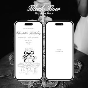 Schwarze Geburtstagseinladung mit Schleife - Champagner Turm - Elegante Canva Vorlage - 21st Geburtstag Vorlage - Digitale Vorlage - Party Einladung
