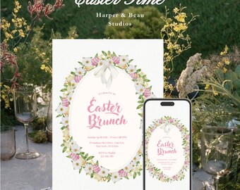 Floral Easter Brunch Invitation Template – Egg Hunt Celebration (Canva Digital Template)