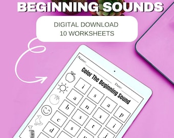 Beginning Sounds Worksheets – Coloring and Phonics Activity PNG – Instant Download for Preschool and Kindergarten