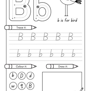 May include: Black and white printable worksheet for learning the letter B. The worksheet includes a tracing activity, a handwriting practice section, a color-by-number activity, and a drawing activity. The worksheet features a bird and the text "b is for bird".