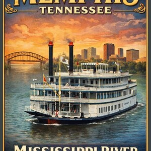 May include: A vintage travel poster for Memphis, Tennessee, featuring a paddle steamer on the Mississippi River. The poster has a sunset backdrop with a bridge and city skyline. Text includes "Memphis Tennessee" and "Mississippi River Music City on the Mighty Mississippi."