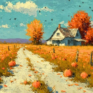 Puede incluir: Una pintura al óleo de una granja blanca situada en un campo de calabazas naranjas. Un camino de tierra conduce hacia la casa, flanqueado por postes de madera. Árboles de color naranja brillante se alzan cerca del edificio bajo un cielo azul.