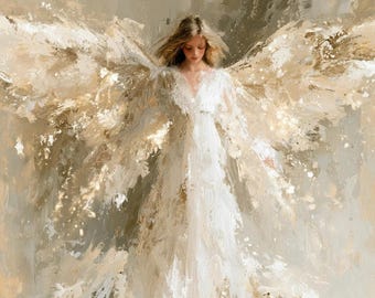 May include: An oil painting of a figure with large, expansive wings in shades of white, cream, and gold. The figure wears a flowing white gown with textured, impasto brushstrokes. The background features abstract, blended neutral tones.