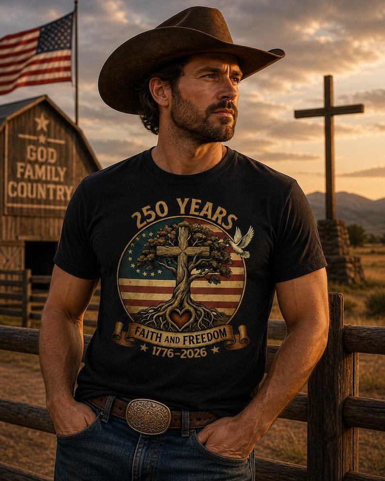 May include: A black t-shirt with a patriotic design featuring a cross, tree, and American flag elements. The shirt includes the text "250 YEARS FAITH AND FREEDOM 1776-2026". A man wearing a cowboy hat and jeans is shown.