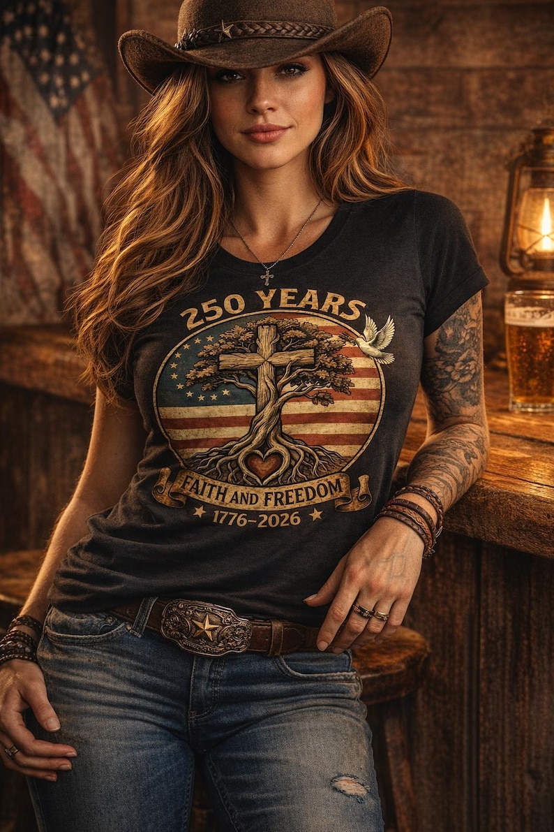 May include: A dark gray t-shirt with a graphic celebrating 250 years of faith and freedom. The design includes a cross, tree, and American flag elements. The person is wearing a brown cowboy hat and belt.