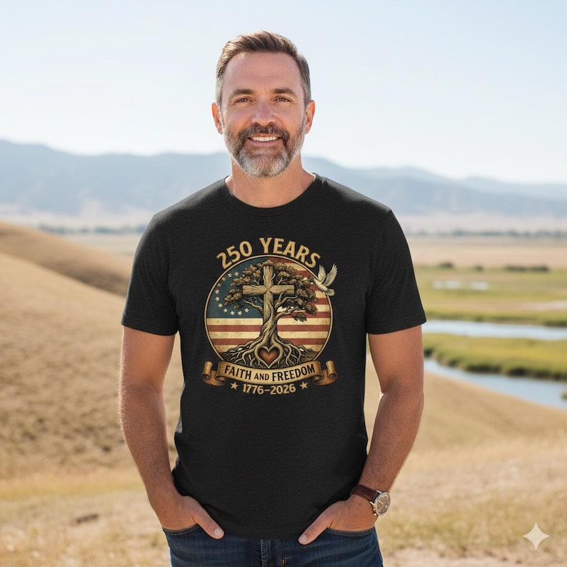 May include: Black t-shirt with a circular graphic featuring a tree with a cross, the American flag, and the text "250 Years Faith and Freedom 1776-2026". A dove is on the right side of the graphic. The person is wearing a watch.