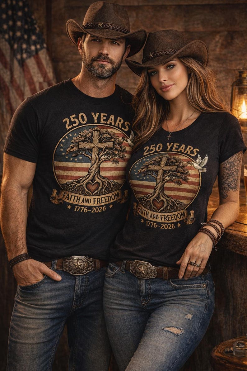 May include: Two people wearing matching black t-shirts with a patriotic design. The shirts feature a cross, tree, and American flag graphic with the text "250 YEARS FAITH AND FREEDOM 1776-2026". They are wearing cowboy hats, jeans, and belts.