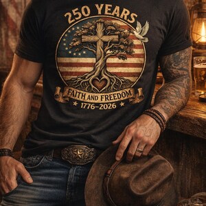 May include: Black t-shirt with a patriotic design. The shirt features a cross within a tree, an American flag, and the text "250 Years Faith and Freedom 1776-2026". A brown cowboy hat and belt buckle are also visible.