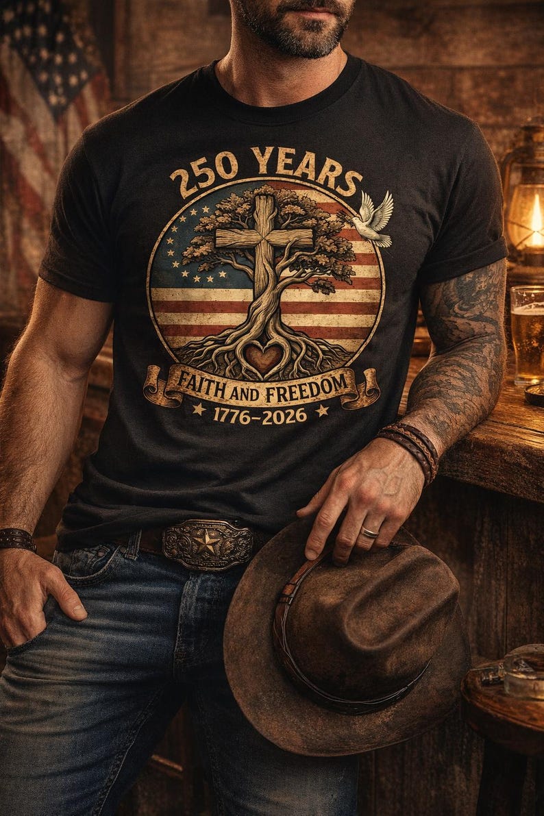 May include: Black t-shirt with a patriotic design. The shirt features a cross within a tree, an American flag, and the text "250 Years Faith and Freedom 1776-2026". A brown cowboy hat and belt buckle are also visible.