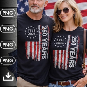 May include: Black t-shirts with a distressed American flag design. The shirts feature the text "1776 2026" and "250 YEARS" in white. The design is a patriotic theme.