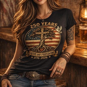 May include: A dark gray t-shirt with a graphic design featuring a cross, tree, and American flag elements. The text reads "250 YEARS" and "FAITH AND FREEDOM 1776-2026". The person is wearing a brown cowboy hat, blue jeans, and a brown belt.