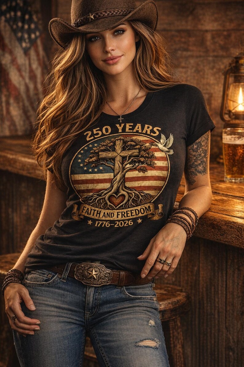 May include: A dark gray t-shirt with a graphic design featuring a cross, tree, and American flag elements. The text reads "250 YEARS" and "FAITH AND FREEDOM 1776-2026". The person is wearing a brown cowboy hat, blue jeans, and a brown belt.