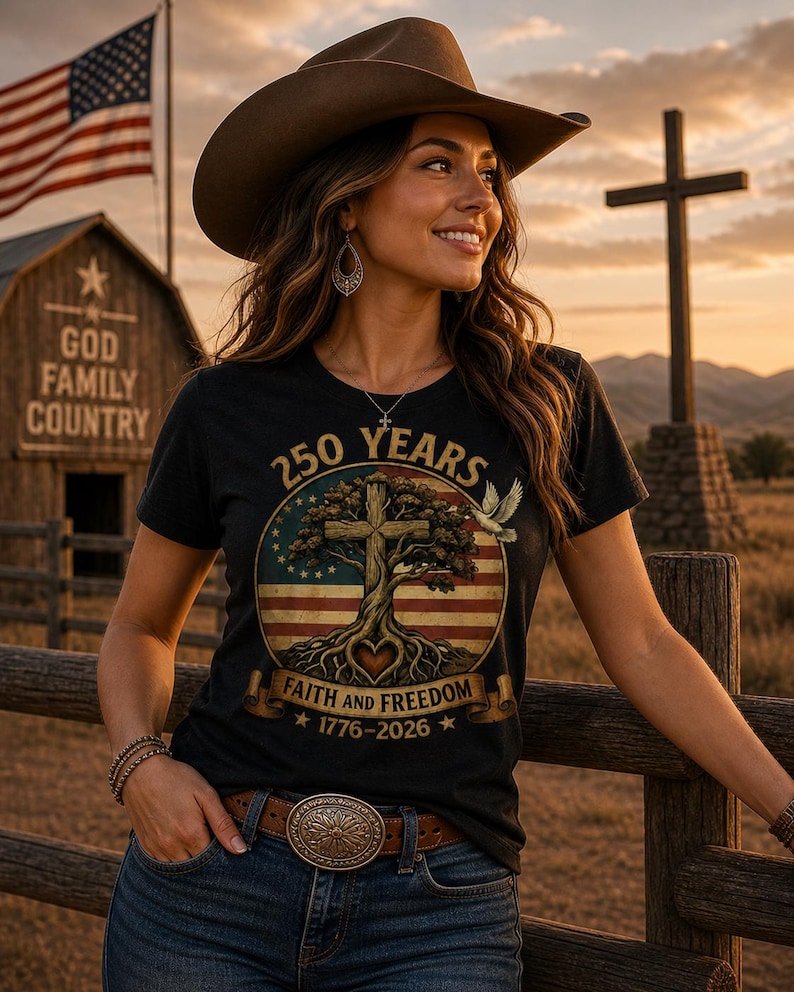 May include: A black t-shirt with a circular graphic featuring a cross, tree, and American flag design. The text reads "250 YEARS" and "FAITH AND FREEDOM 1776-2026". The person is wearing a brown cowboy hat and belt.