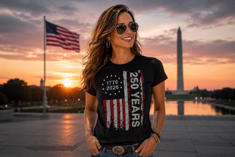 May include: A black short-sleeve t-shirt featuring a distressed American flag graphic with the text 1776 2026 and 250 YEARS printed in white. The design includes a circular arrangement of thirteen stars above the red and white stripes.