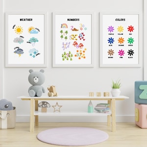 Juego de 3 carteles educativos para niños: tabla del clima, números y colores; arte de pared Montessori para guardería; decoración para el hogar y el aula