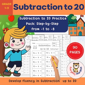 Subtraction to 20 Practice Pack: Step-by-Step from -1 to -9,Math worksheet with answer keys,Grade 1-3, PDF, Instant download,Homework