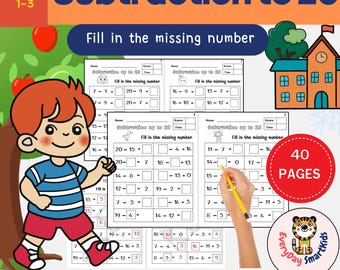 Subtraction to 20,Math worksheets with answer keys, Grade 1-3, PDF, Printable