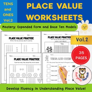 May include: A set of 35 printable worksheets for teaching place value to children. The worksheets feature base ten blocks, number grids, and fill-in-the-blank exercises. The title of the set is "Place Value Worksheets Vol. 2: Mastery: Expanded Form and Base Ten Models".