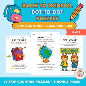 Skip Counting Dot-to-Dot Puzzles: Math & Coloring K-G1 (Printable Set)