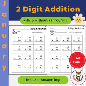 May include: A printable worksheet with 60 pages of 2-digit addition problems for kids. The worksheet is divided into two sections: one for addition with regrouping and one for addition without regrouping. The worksheet features a panda and a cat illustration.