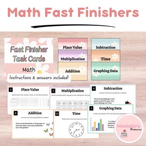 May include: A set of colorful task cards for math fast finishers. The cards are divided into six categories: place value, multiplication, addition, subtraction, time, and graphing data. Each card has a different math problem or activity. The cards are decorated with daisies and a light pink, light green, and light purple color scheme.