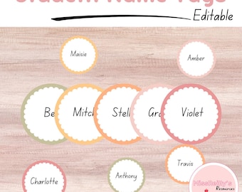 May include: A set of printable student name tags with a scalloped edge. The tags are in various colors, including pink, orange, green, and peach. The text "Student Name Tags" is at the top of the image, and the text "Editable" is below it.