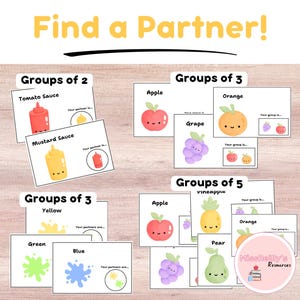 May include: A set of printable cards for a matching game. The cards feature colorful illustrations of fruits, vegetables, and condiments. The text on the cards reads "Find a Partner!" and "Groups of 2", "Groups of 3", and "Groups of 5".