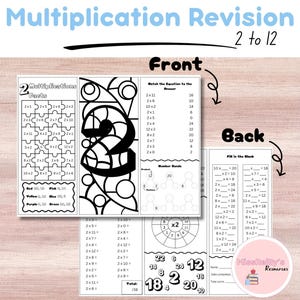 Puede incluir: Una página de ejercicios de multiplicación con ecuaciones y ejercicios para completar. La parte delantera presenta hechos de multiplicación y enlaces numéricos, mientras que la parte trasera ofrece problemas prácticos. El título es "Multiplication Revision 2 to 12".