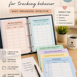 May include: A binder containing behavior data sheets with printed text including ABC Recording Sheet, Frequency Recording Sheet, Interval Recording Sheet, Duration Recording Sheet, and Scatterplot. Includes a spiral notebook and a black pen.