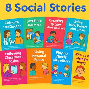 May include: Eight social stories for children, each with a different coloured cover and illustrations. Titles include "Going to the Doctor," "Bed Time Routine," and "What to do when I'm Angry." The text "8 Social Stories" is at the top.