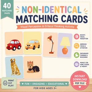 May include: A set of 40 non-identical matching cards for a visual perception and critical thinking activity. The cards feature illustrations of a red car, yellow car, desk lamp, floor lamp, golden retriever, and a small dog. Includes text: Print Cut Play.