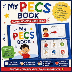 May include: A blue binder titled My PECS Book with a cartoon boy on the cover. The open interior displays a white page with an I want prompt and a red arrow, alongside a ring-bound page featuring six square cards with icons for All Done, More, Yes, Help, My Turn, and No. The cover includes text about communication, visuals, and language building.