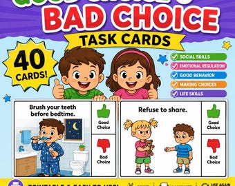 Good vs. Bad Choice Behavior Task Cards | Social Skills Activities | ABA | Autism | Speech Therapy | Special Education |Preschool Printable