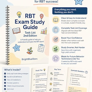 May include: A spiral-bound RBT Exam Study Guide, 2nd Edition, featuring a light background with blue and orange icons. The cover displays the title, a smiling star, and text. Below, open pages show study tips, key terms, and example questions.