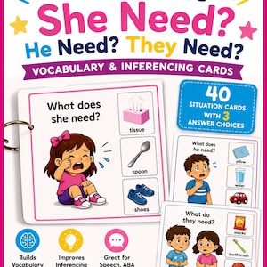 Op de afbeelding: Een set van 40 woordenschat- en inferentiekaarten getiteld What Does She Need? He Need? They Need? De kaarten bevatten kleurrijke illustraties van kinderen in verschillende situaties met drie antwoordmogelijkheden voor elke vraag.