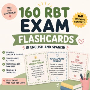 Könnte beinhalten: Ein Set von 160 RBT-Prüfungskarten auf Englisch und Spanisch. Der Text lautet 160 RBT EXAM FLASHCARDS, PASS WITH CONFIDENCE, 160 ESSENTIAL CONCEPTS, und enthält Beispielkarten mit Definitionen für positive Verstärkung und Datenerfassung.