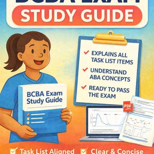 Puede incluir: Ilustración colorida de una Guía de Estudio para el Examen BCBA. La portada presenta el título en letras azules grandes, con un dibujo de una persona sosteniendo la guía. Texto adicional destaca características clave como la alineación de la lista de tareas y la descarga instantánea.