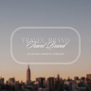 May include: A white oval frame with the text "TRAVEL BRAND Travel Brand" and the tagline "STUNNING SUNSETS FOREVER". The frame is in front of a blurred image of a city skyline at sunset.