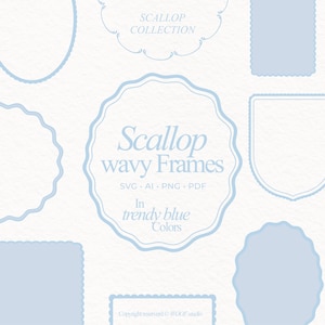 Può includere: Una collezione di cornici e elementi decorativi con bordi smerlati blu chiaro su sfondo bianco strutturato. Il testo "Scallop wavy Frames" è visualizzato, insieme a "In trendy blue Colors". L'immagine include varie forme di cornici e il testo "SCALLOP COLLECTION".