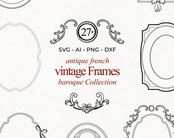 Marcos barrocos SVG, conjunto de marcos antiguos vintage, clipart, bordes dibujados a mano, clipart PNG, invitación de boda caprichosa, monograma dibujado a mano