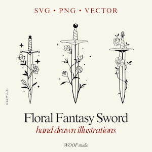 Floral Sword SVG Fantasy Sword SVG Magic SVG Digital Download Mystical Svg Fantasy Book Flowers Svg Sword Clipart Cricut Svg Bundle Pirate
