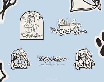 Op de afbeelding: Lichtblauwe achtergrond met zwart-witte illustraties over hondenverzorging. De tekst "the dog wash co." wordt herhaald, samen met "fresh, fluffy & fabulous." De afbeelding toont een hond in bad en een hond die wordt verzorgd.