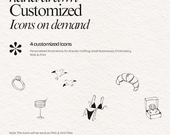 Könnte beinhalten: Handgezeichnete, kundenspezifische Icons auf Anfrage. Das Bild zeigt schwarz-weiße Illustrationen, darunter ein Ring, Vögel, ein Croissant, ein Cocktail, ein Bikini und ein Ring in einer Schachtel. Text enthält "4 kundenspezifische Icons".