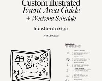 Custom Wedding Area Guide & Weekend Schedule Design | Hand Drawn Illustrated Map Invitation | Whimsical Event Stationery PDF PNG