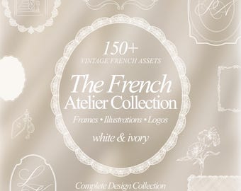 French Vintage Frame Bundle SVG PNG | Ivory Monogram Crest Lace Border & Flourish Clipart, Wedding Logo Branding Elements, ivory anniversary
