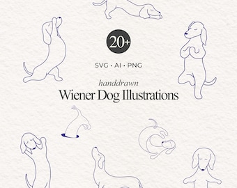 20 minimal one line Wiener Dog Illustrations  | Art Collection, single Sausage clipart, Canva shapes, Dachshund Print Bundle- Cricut Digital