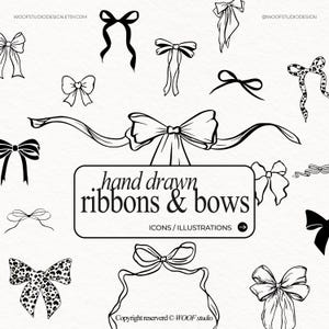 Puede incluir: Ilustraciones en blanco y negro dibujadas a mano de cintas y lazos en varios estilos. La imagen incluye un letrero rectangular con el texto "hand drawn ribbons & bows" y las palabras "ICONS / ILLUSTRATIONS".