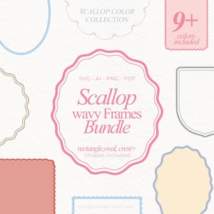 Oval Frame Set 65 Decorative Frames SVG Bundle in 9 colors | Scallop Frame pink Wavy Border whimsical Clipart Preppy Coquette Frame PNG