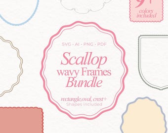 Oval Frame Set 65 Decorative Frames SVG Bundle in 9 colors | Scallop Frame pink Wavy Border whimsical Clipart Preppy Coquette Frame PNG